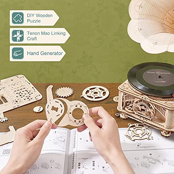 3D WOODEN PUZZLES GRAMOPHONE FOR ADULTS - DIY MECHANICAL MODEL KIT 1:1 REPLICA RECORD PLAYER SUPPORT 7"/10" VINYL BUILDING GIFT HOBBIES FOR ADULTS HOME DECOR - Image 2